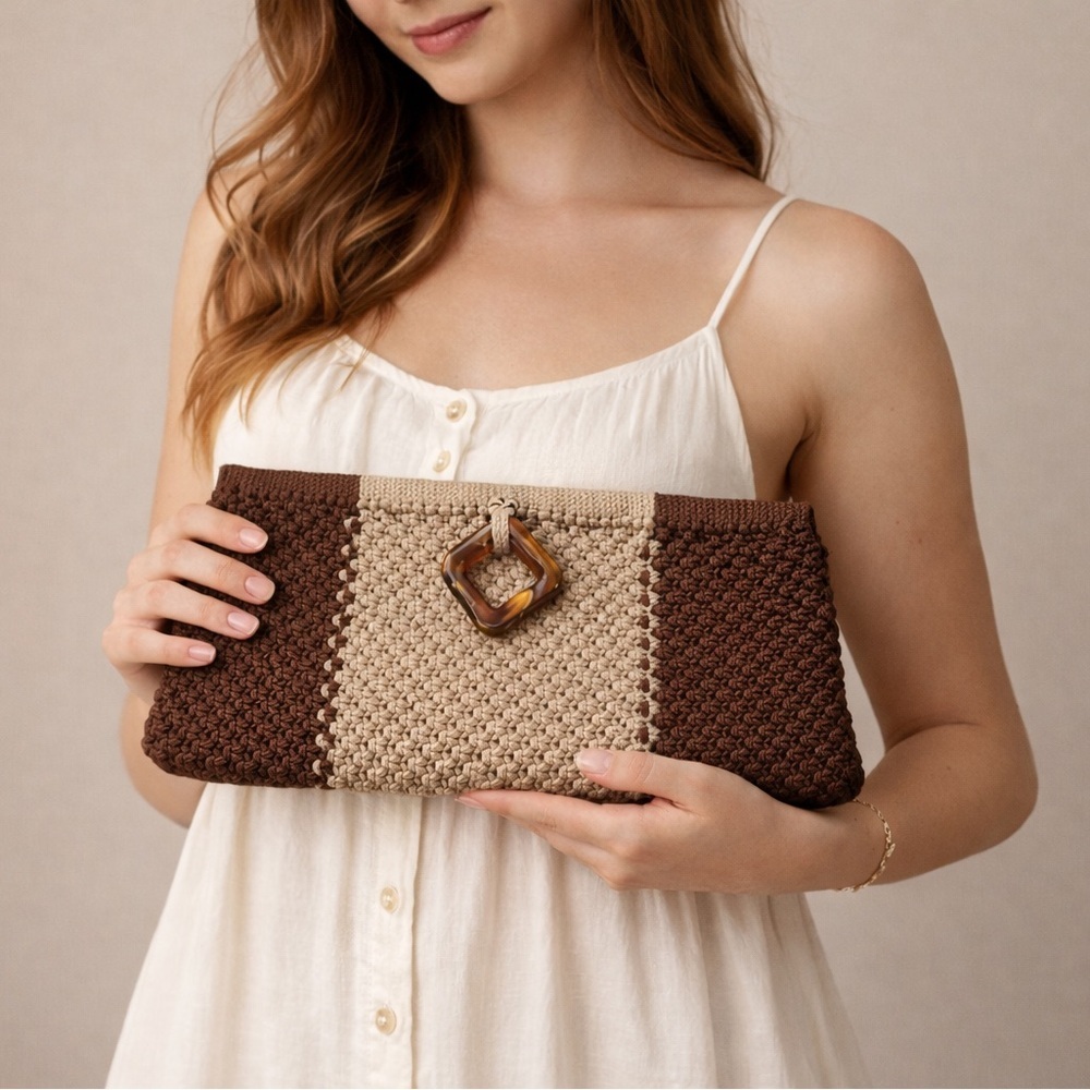 Vintage Crochet Clutch Purse Brown Tan Tortoiseshell Buckle Boho Retro